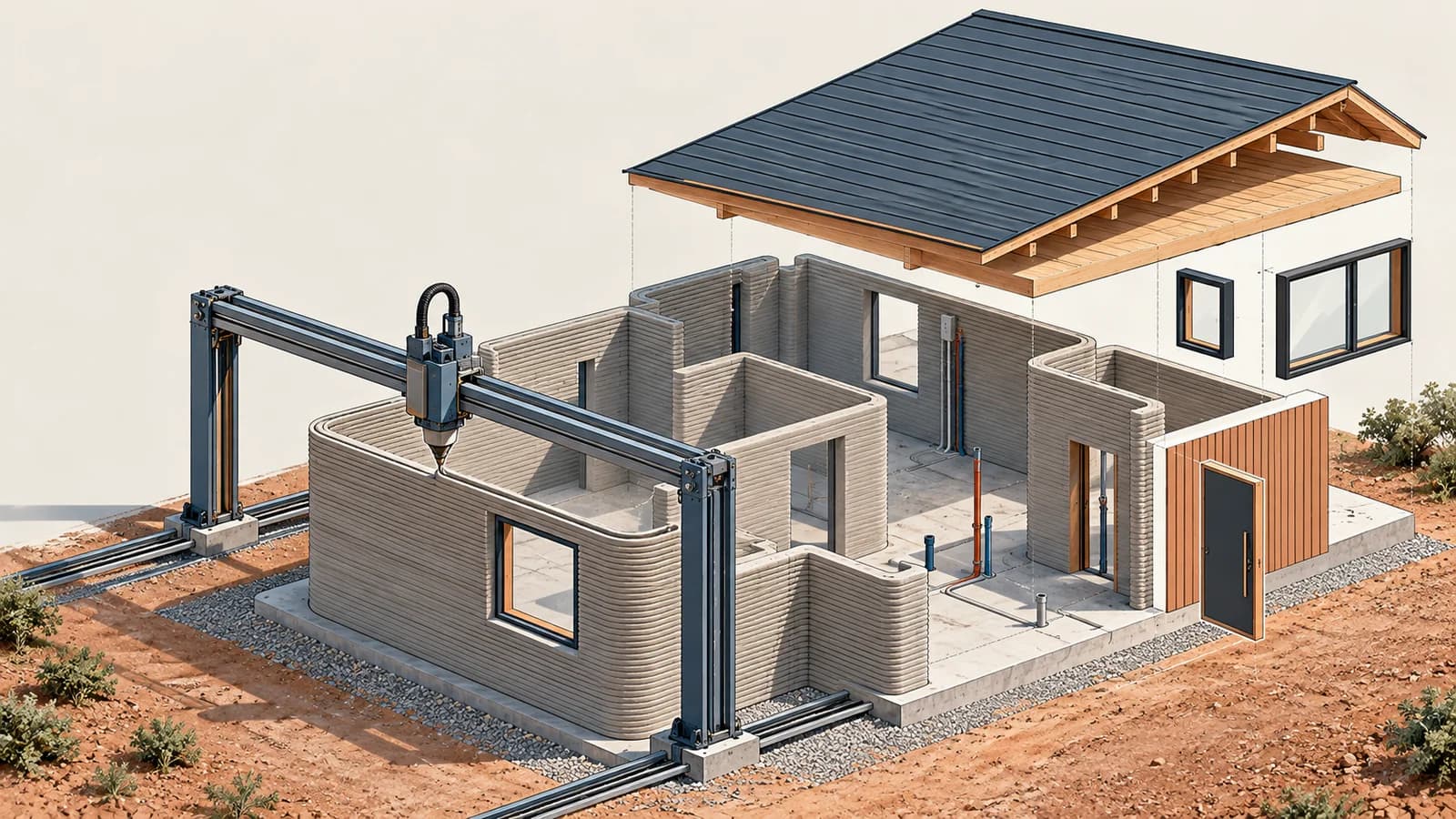 Concept illustration of a construction printer printing house walls while the roof, windows and services are added separately.