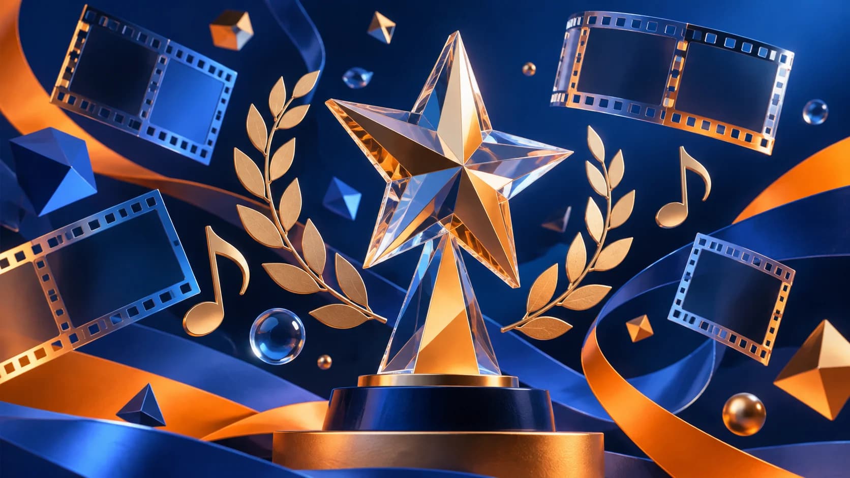 Original TopicWeek social illustration: a geometric star award among blank film frames, musical notes and laurel shapes; no actual anime or official award branding.