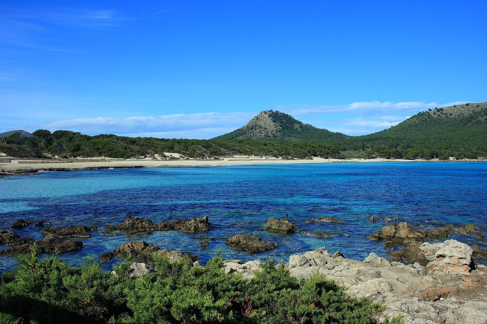 Cala Agulla com rochas em primeiro plano, água clara e, ao fundo, a praia e colinas cobertas de pinheiros