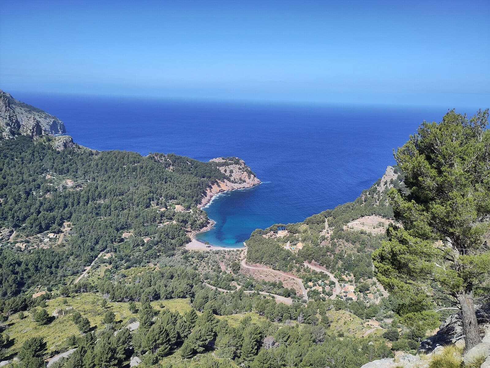 View of Cala Tuent from the climb to Pas d'en Termes, with pine woods and blue sea in the Serra de Tramuntana