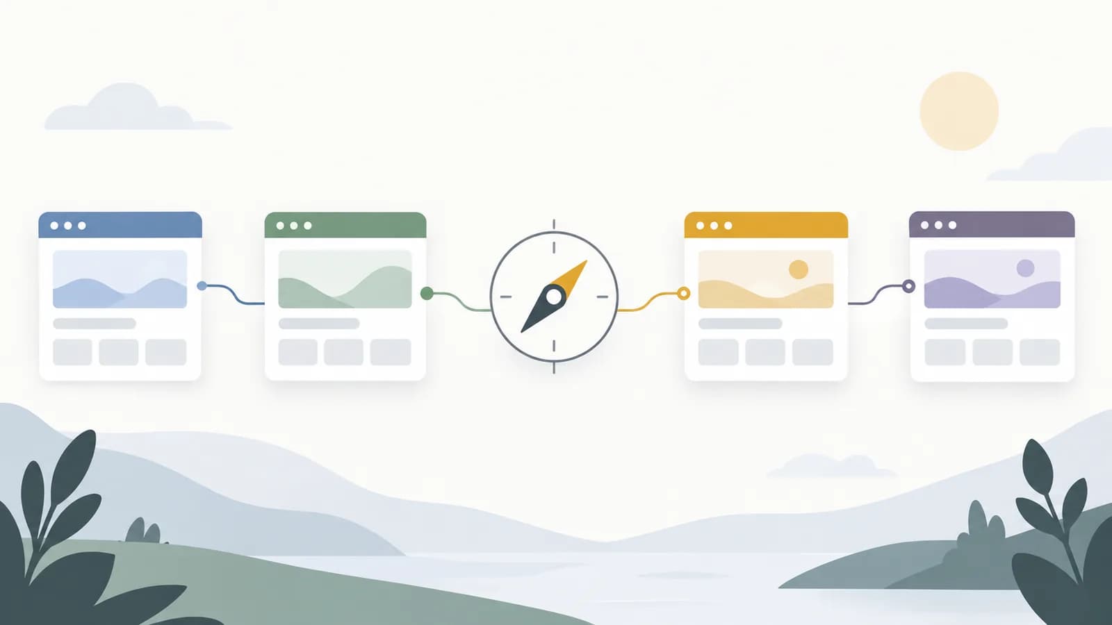 Abstract browser windows around a compass, illustrating a choice between browsers.