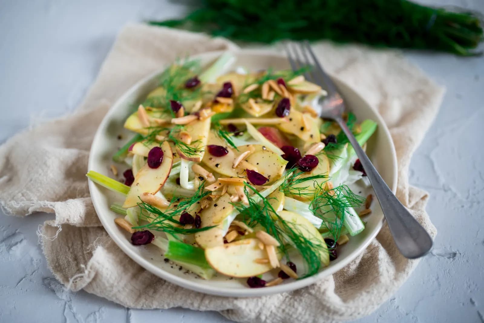 Plate of thinly sliced fennel and apple salad with dried cranberries, flaked almonds and dill, with a fork.