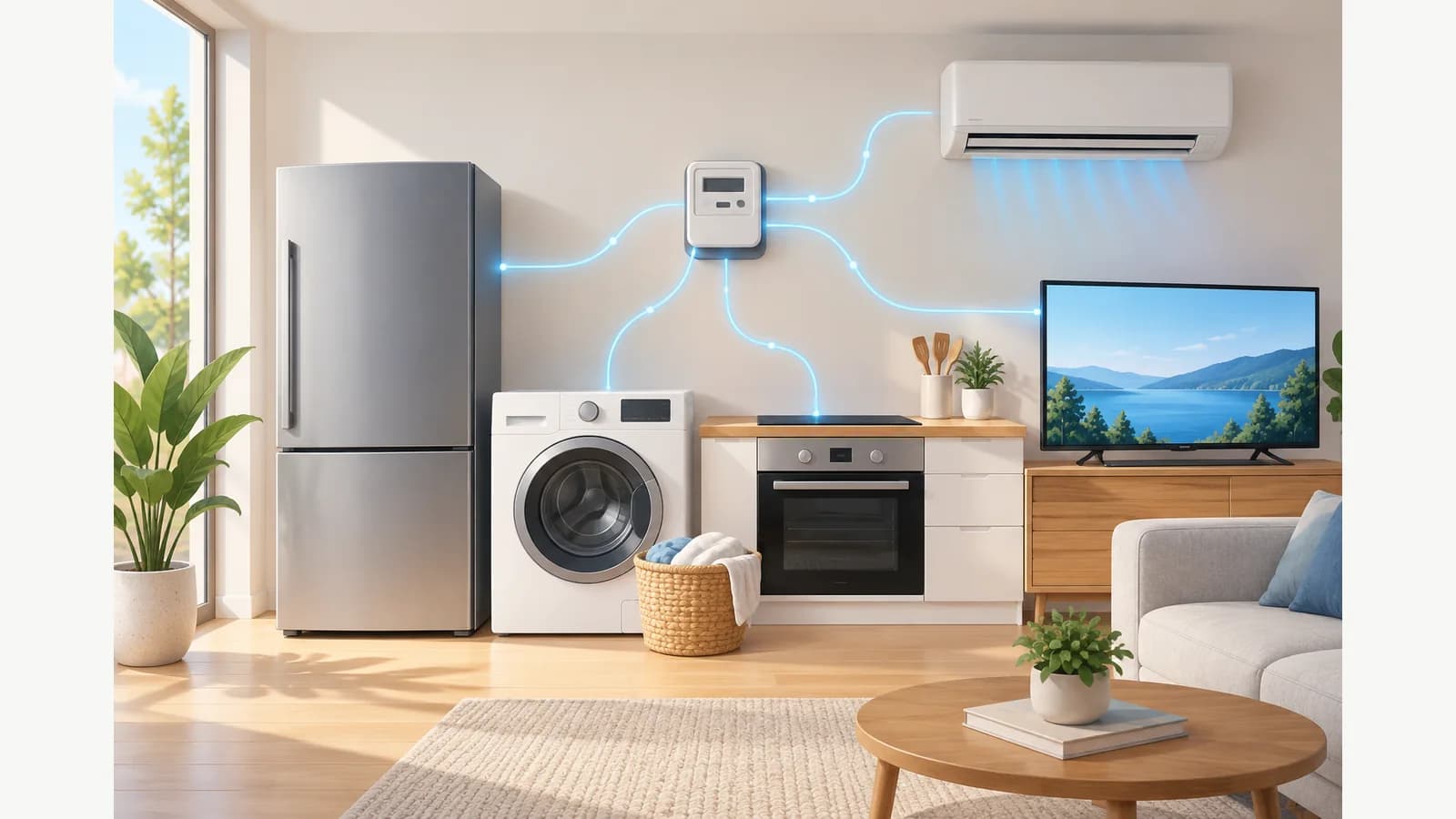 Original editorial illustration of common home appliances connected to a simple electricity meter.