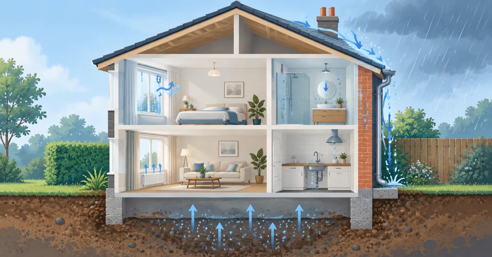 Conceptual cutaway illustration of a home showing possible moisture routes through a window, roof, pipe and ground.