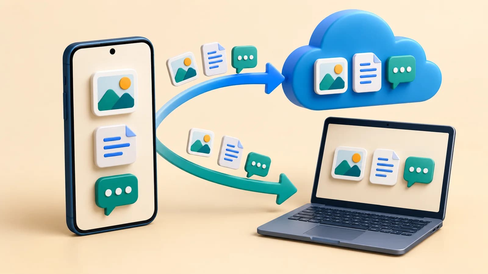 Editorial illustration of a phone and computer connected to cloud storage and data recovery.