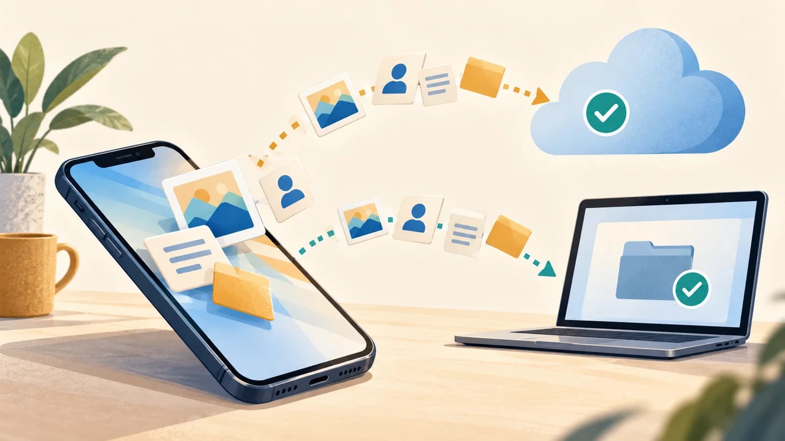 Editorial illustration of a phone and computer linked by storage and recovery symbols.