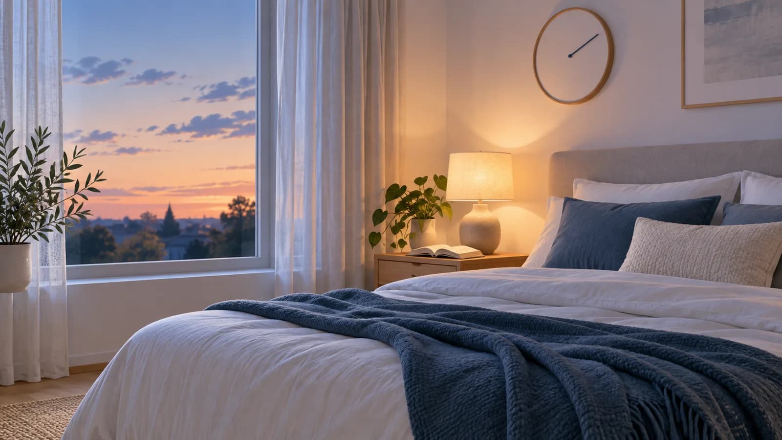 Original TopicWeek illustration of a calm bedroom, a window, a book and a simple clock, representing adaptable habits that can support sleep.