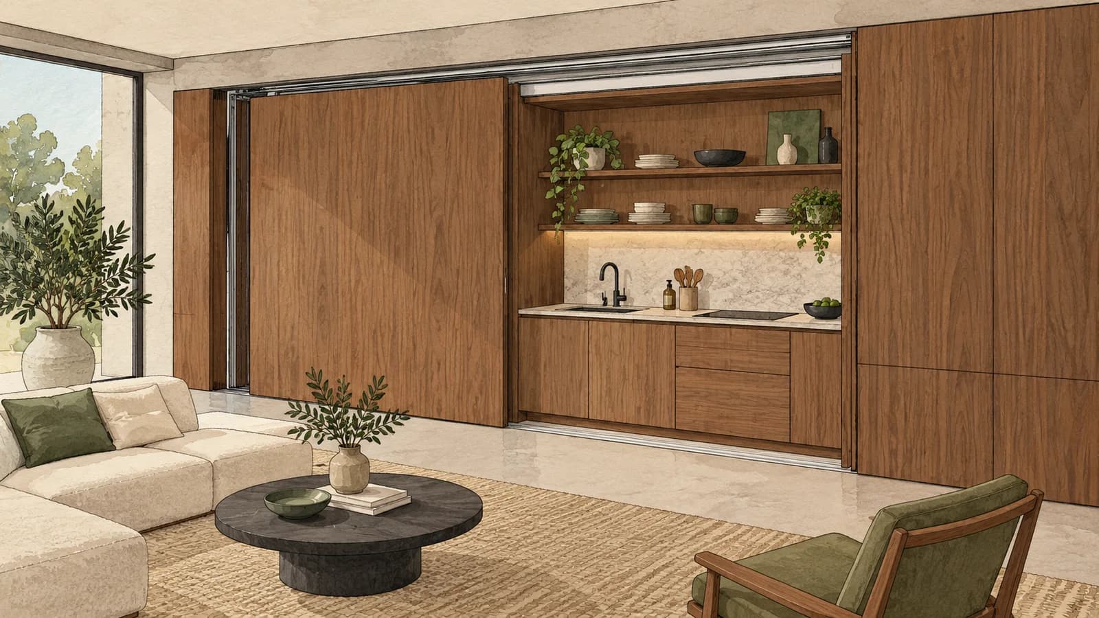 Original editorial illustration of wood pocket fronts sliding open to reveal a compact kitchen in an open-plan living room.