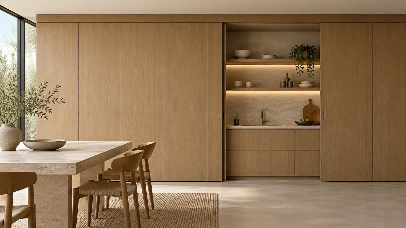 Original architectural illustration of a kitchen concealed behind a warm wood cabinet front, with one section opened to reveal shelves and a worktop.