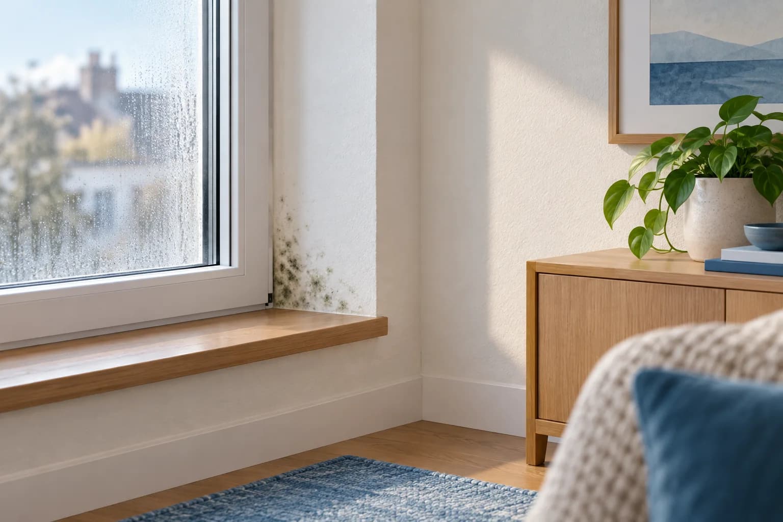 Ilustración conceptual de una ventana con condensación y pequeñas manchas oscuras en la esquina de una pared interior.
