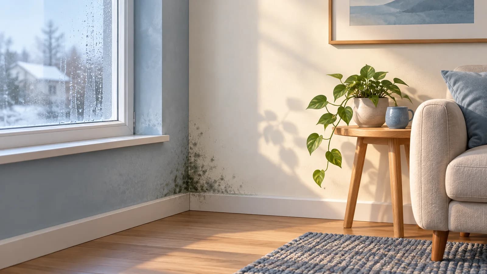Editorial illustration of a room with condensation on a window and a small area of mold on a wall.