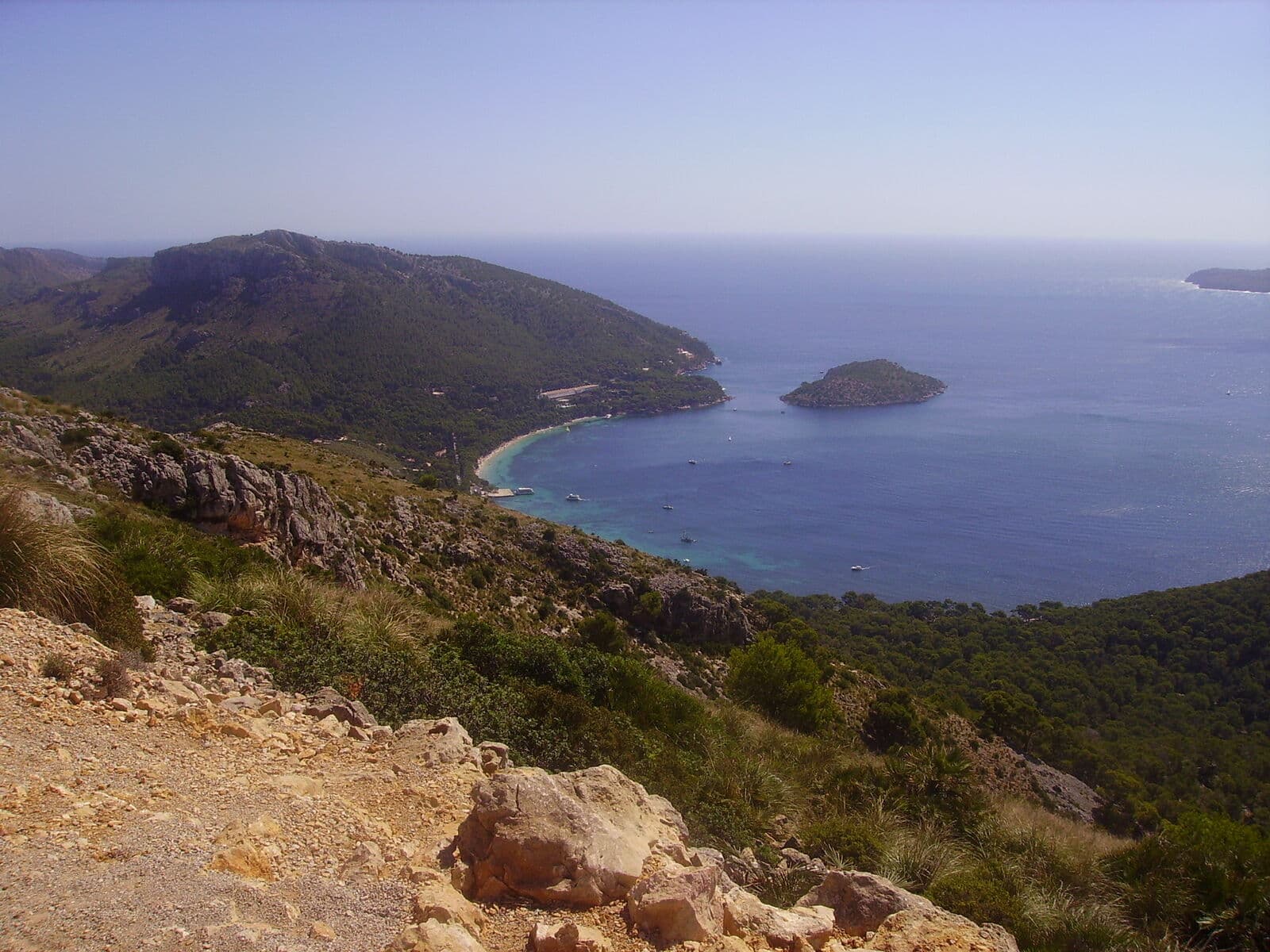 Formentor beach and Formentor islet seen from the mountain, in the north of Mallorca
