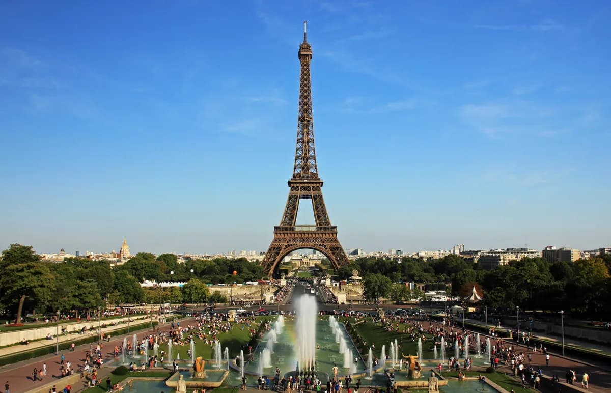 The Eiffel Tower by day seen from the Trocadéro, with the gardens and fountains in the foreground.