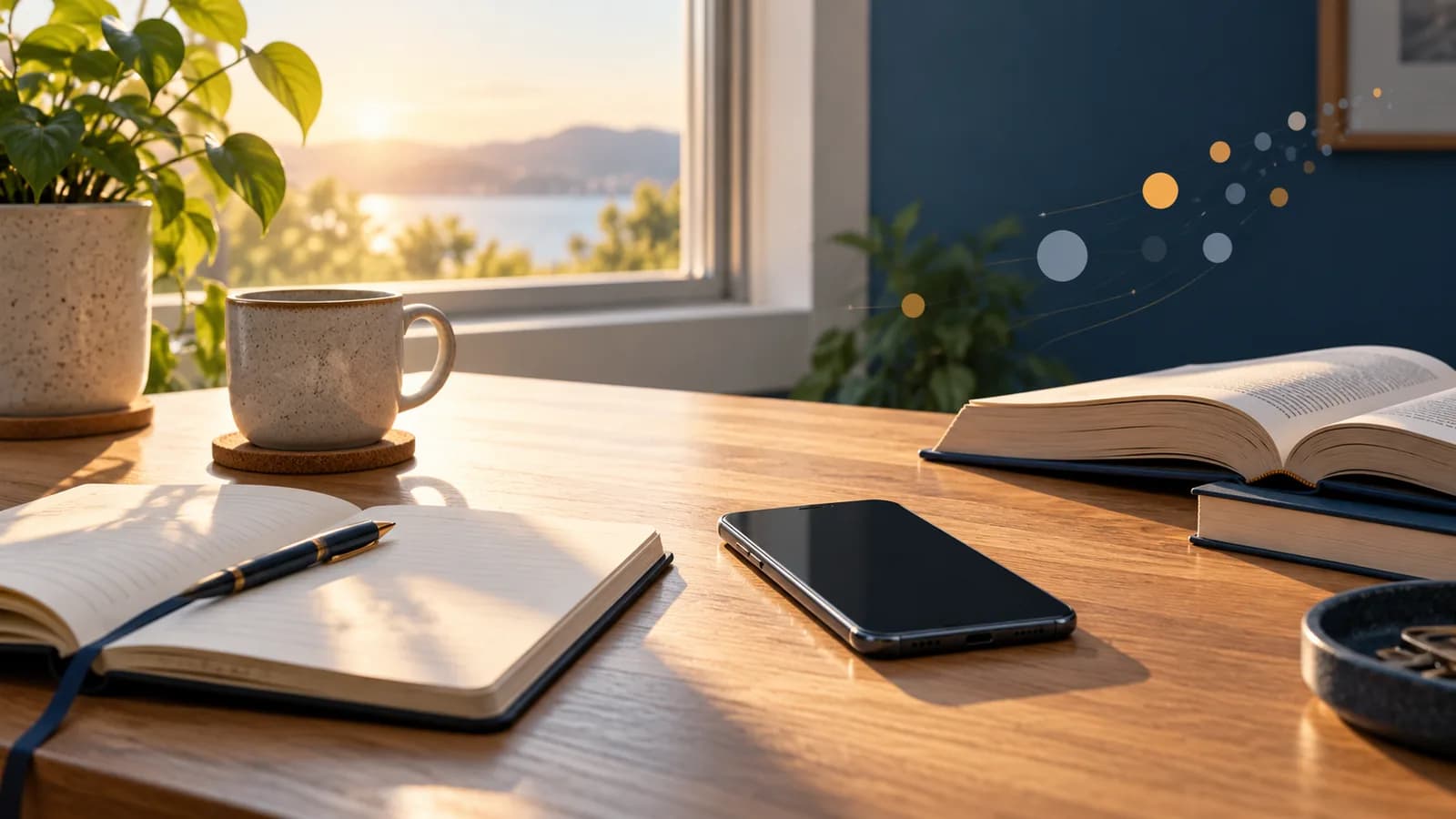 Original TopicWeek illustration of a smartphone beside a book and notebook in a calm, organised workspace.