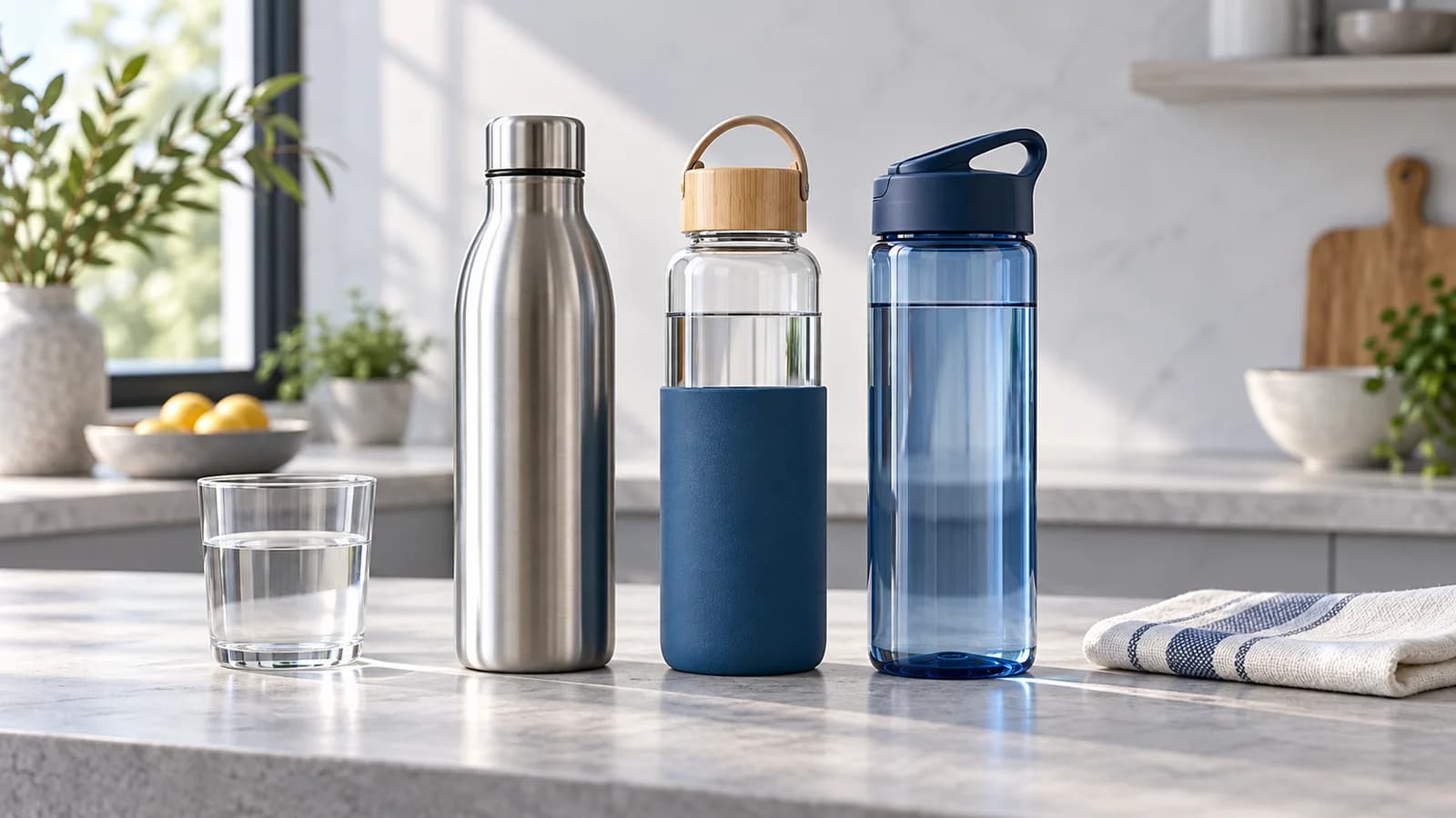 Original TopicWeek illustration of three unbranded reusable bottles suggesting stainless steel, glass and plastic designs.