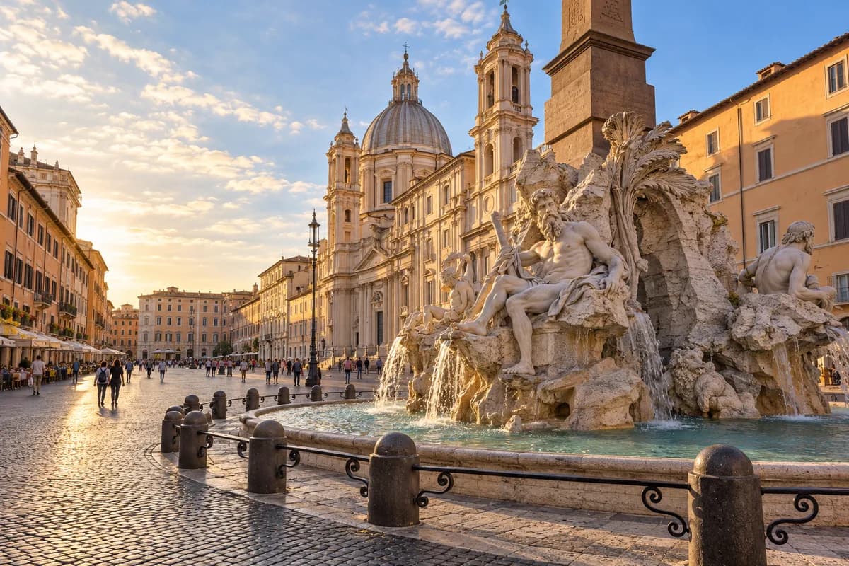 Original editorial illustration of Piazza Navona, created for TopicWeek; AI-generated, not a documentary photograph.