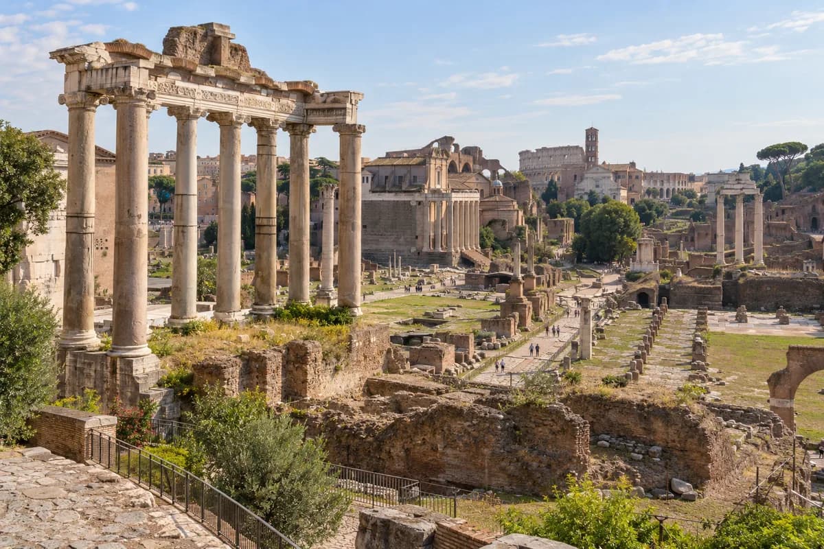 Original editorial illustration of the Roman Forum, created for TopicWeek; AI-generated, not a documentary photograph.