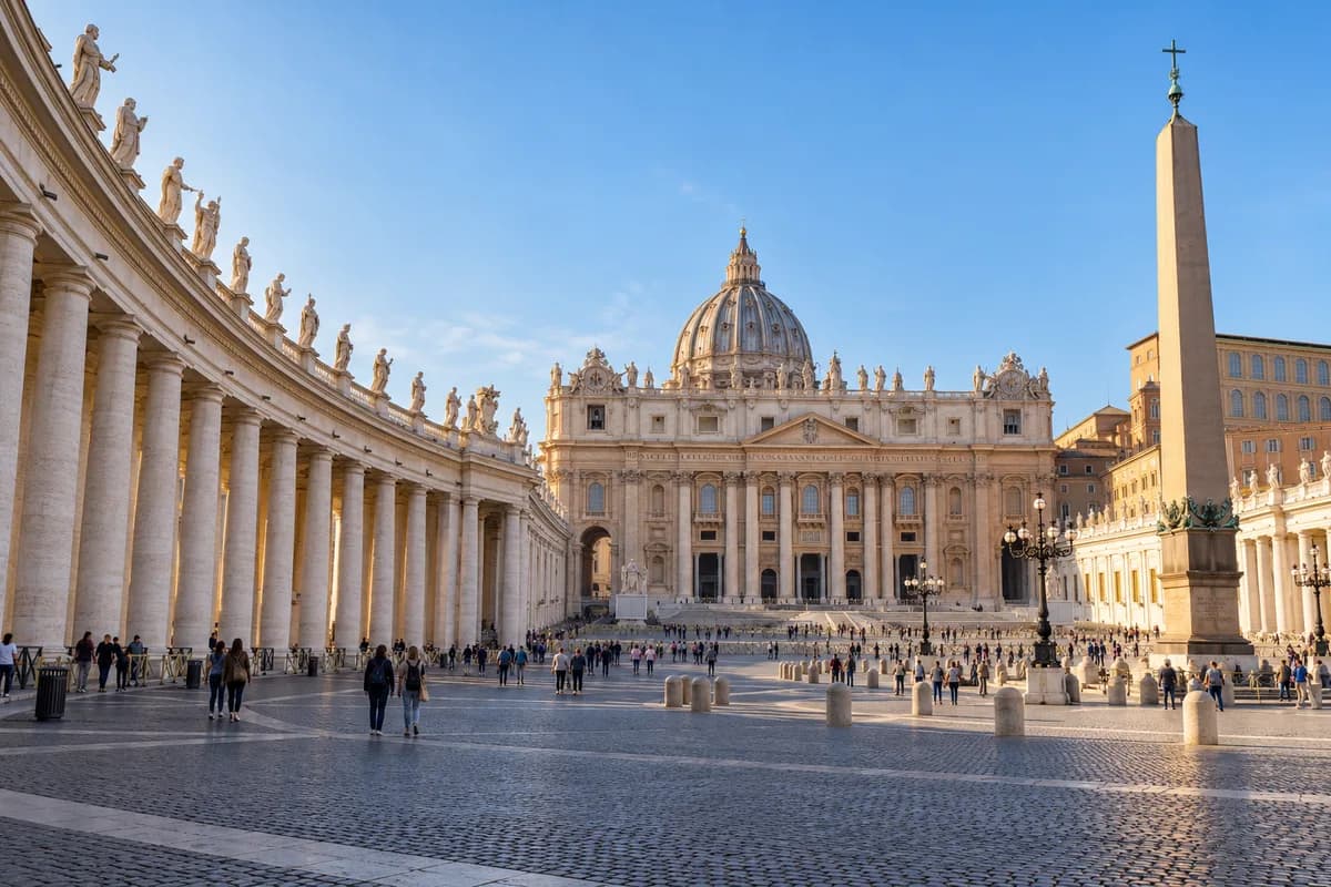 Original editorial illustration of St Peter’s Square and Basilica, created for TopicWeek; AI-generated, not a documentary photograph.