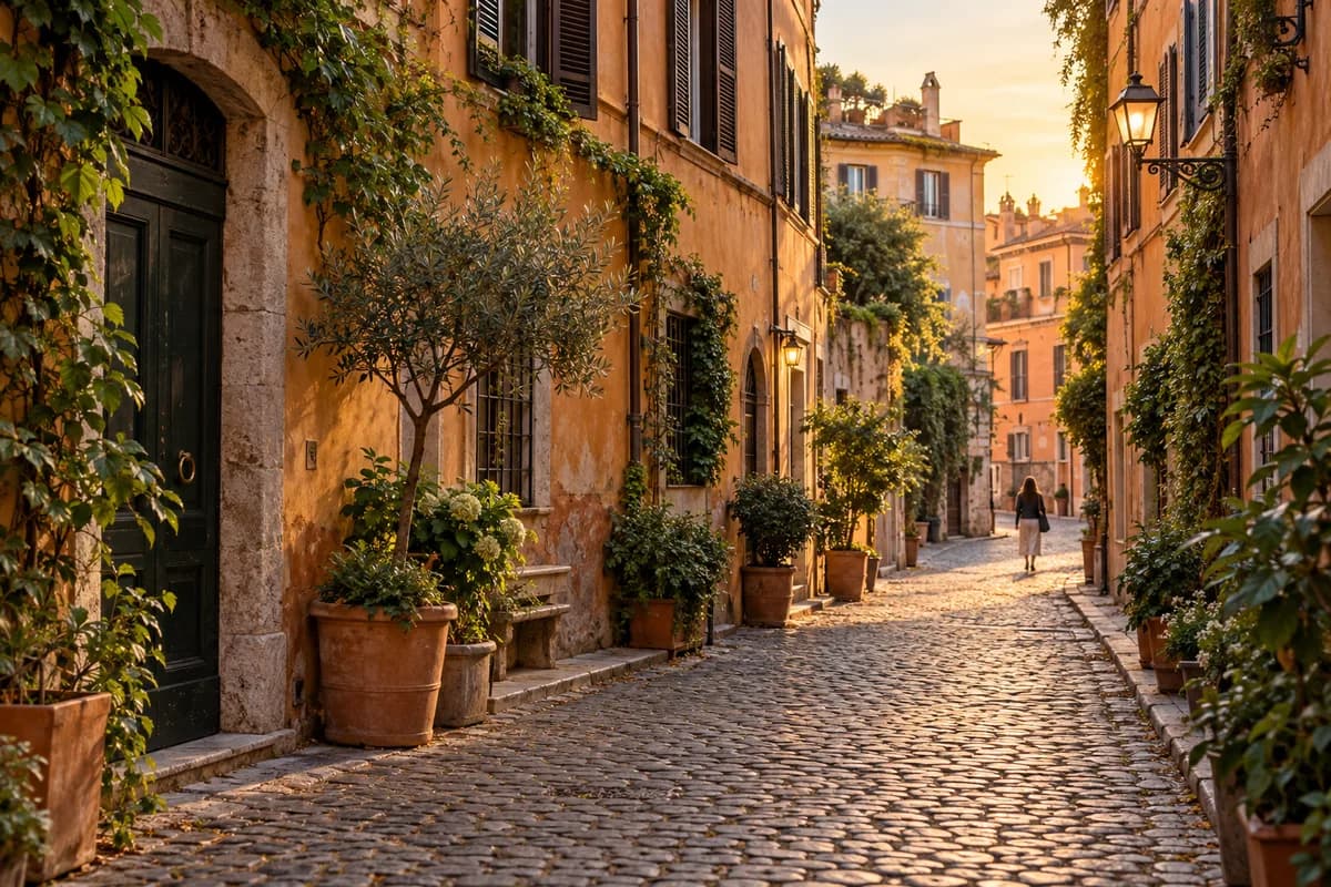 Original editorial illustration of a quiet street in Trastevere, created for TopicWeek; AI-generated, not a documentary photograph.