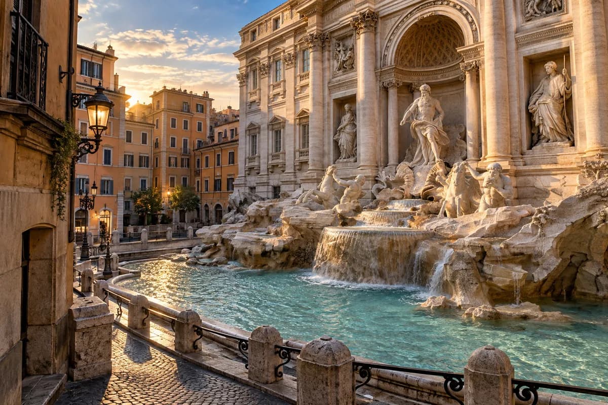 Original editorial illustration of the Trevi Fountain in Rome, created for TopicWeek; AI-generated, not a documentary photograph.