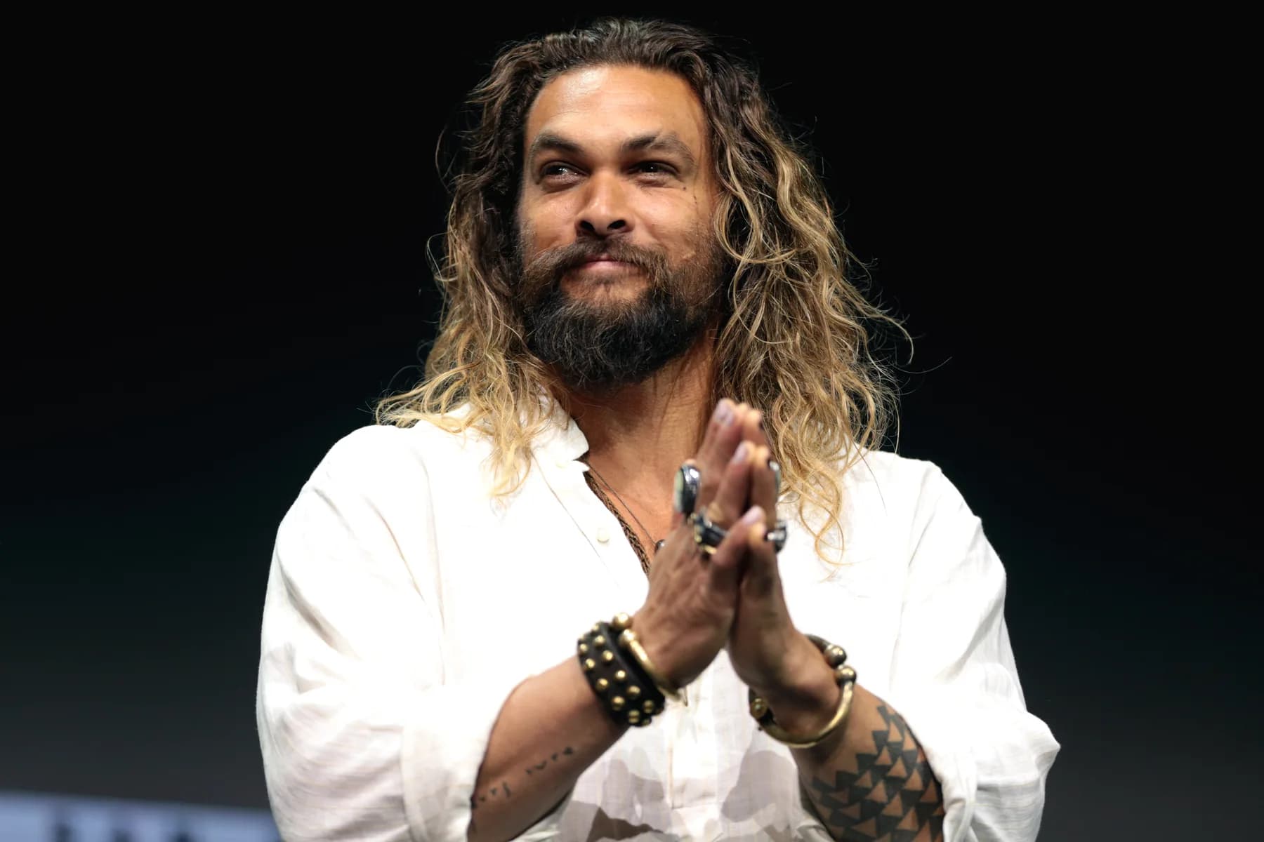 Jason Momoa at a Warner Bros. Pictures Aquaman panel at San Diego Comic-Con in 2017; this is an actor photograph, not a Street Fighter film still.
