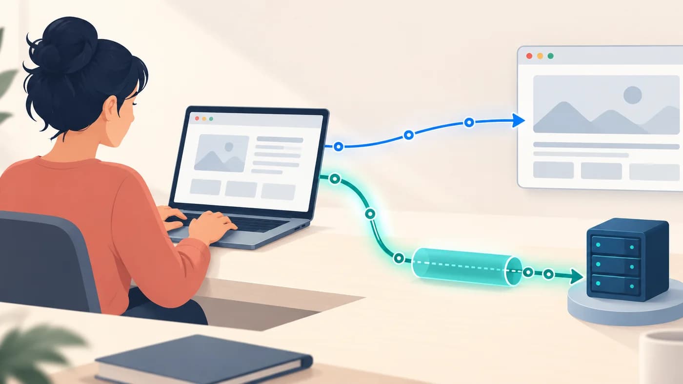 Illustration conceptuelle de deux trajets : une connexion web et un tunnel VPN qui se termine sur un serveur distinct.