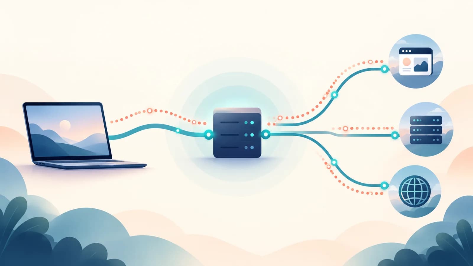 Editorial illustration of a laptop, a neutral VPN server and routes to online services.