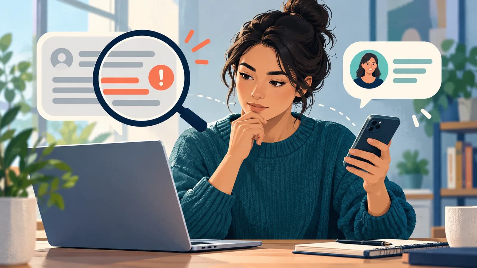 Editorial illustration about spotting a suspicious message and verifying it independently.