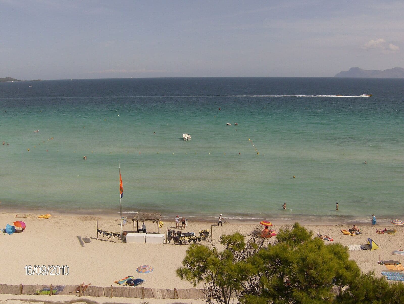 Praia de Alcúdia com areia clara, guarda-sóis e água turquesa calma