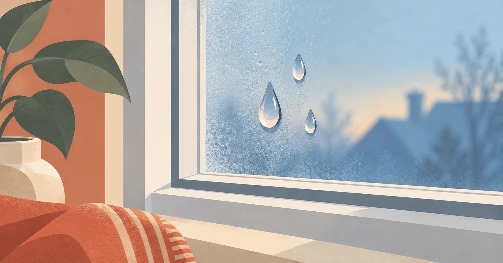 Editorial illustration of condensation droplets on a window pane.