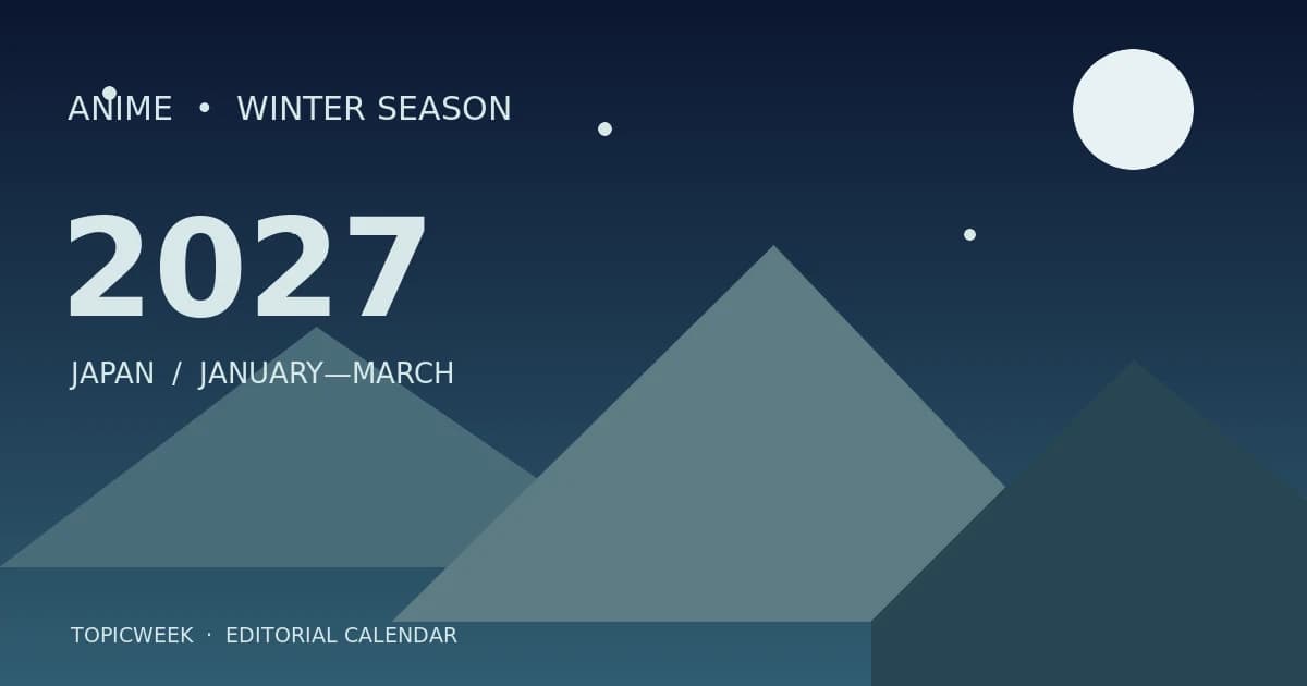 Original TopicWeek typographic cover for the winter 2027 anime calendar; not official promotional art.