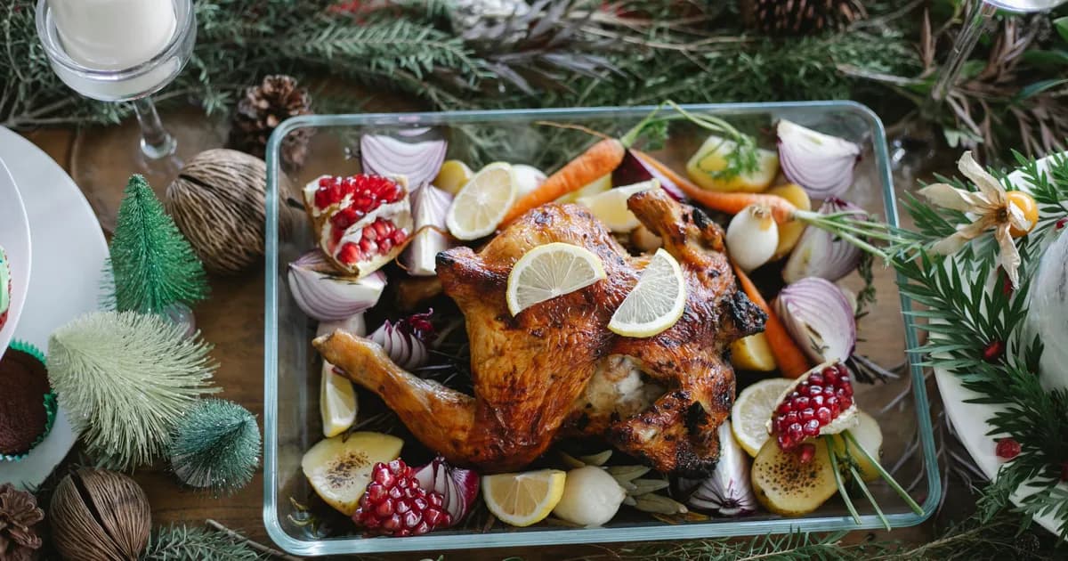 Christmas roast chicken with vegetables, lemon and pomegranate in a glass dish.