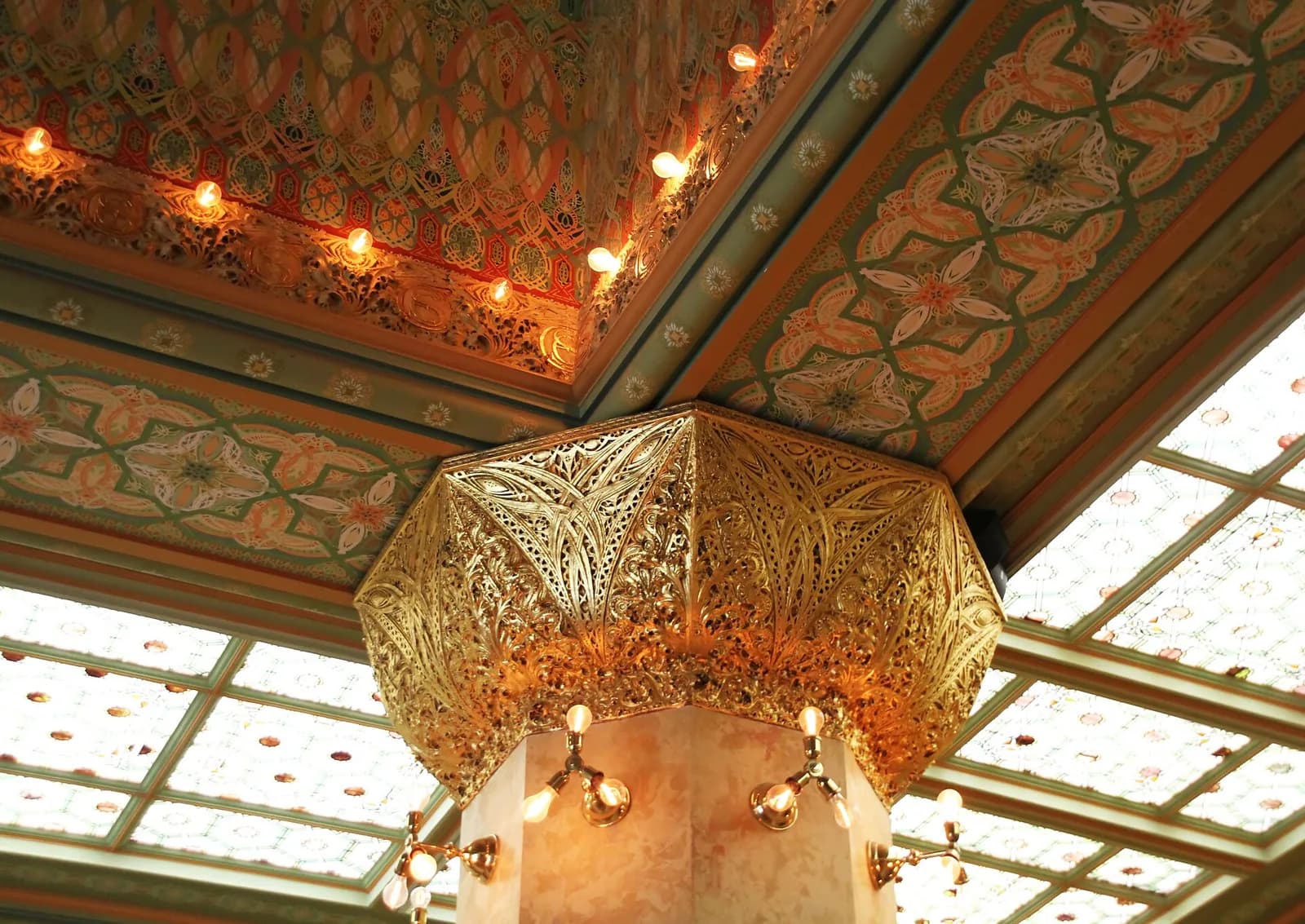 Ornate interior of the reconstructed historic Chicago Stock Exchange trading room.