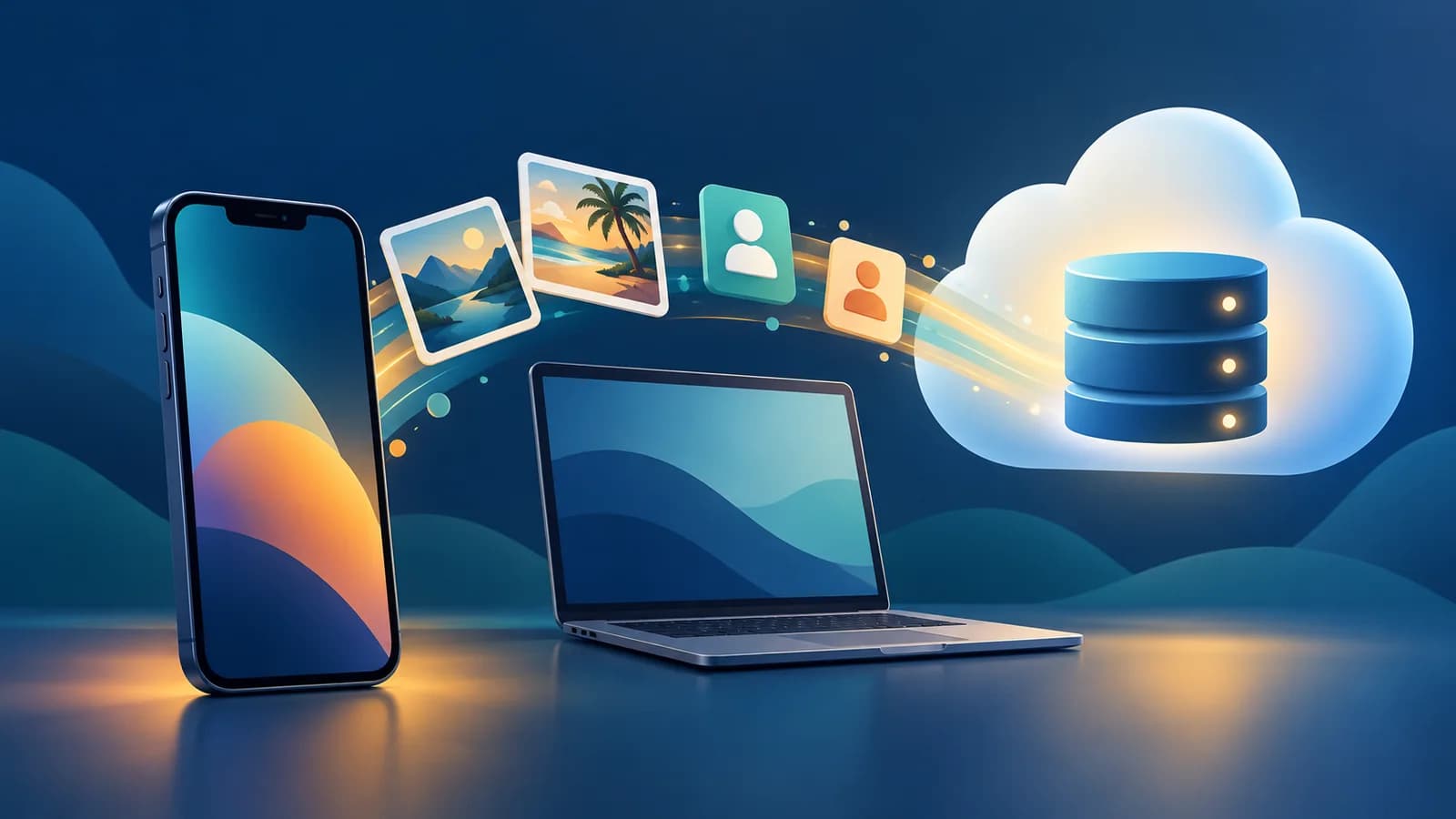 Illustration conceptuelle d’un téléphone à côté d’un ordinateur et d’un nuage représentant trois destinations de sauvegarde.
