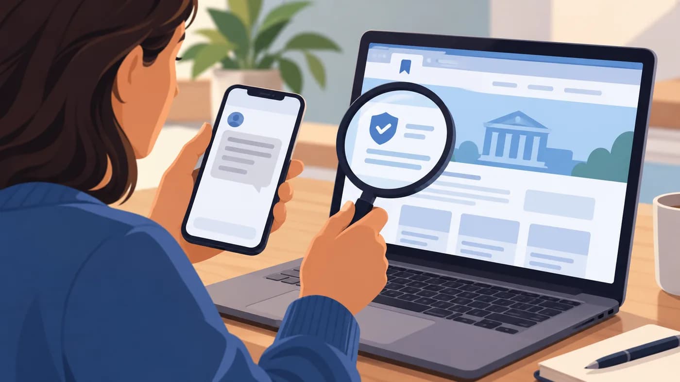 Editorial illustration of a person comparing a generic message with a website opened separately on a laptop.