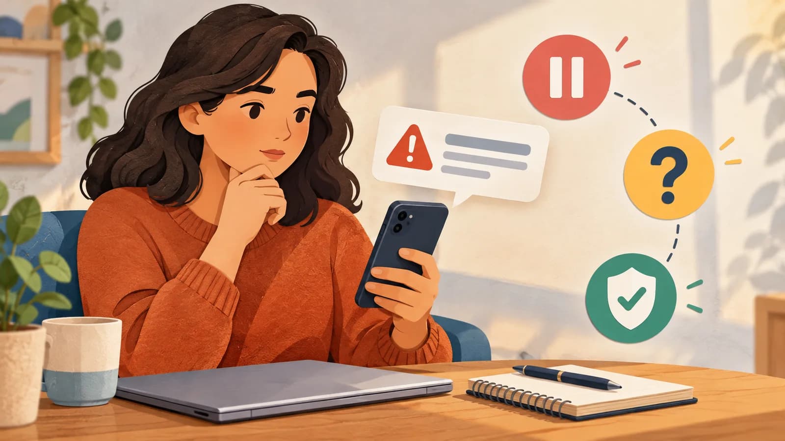 Illustration of a person pausing to check a generic phone alert before responding.