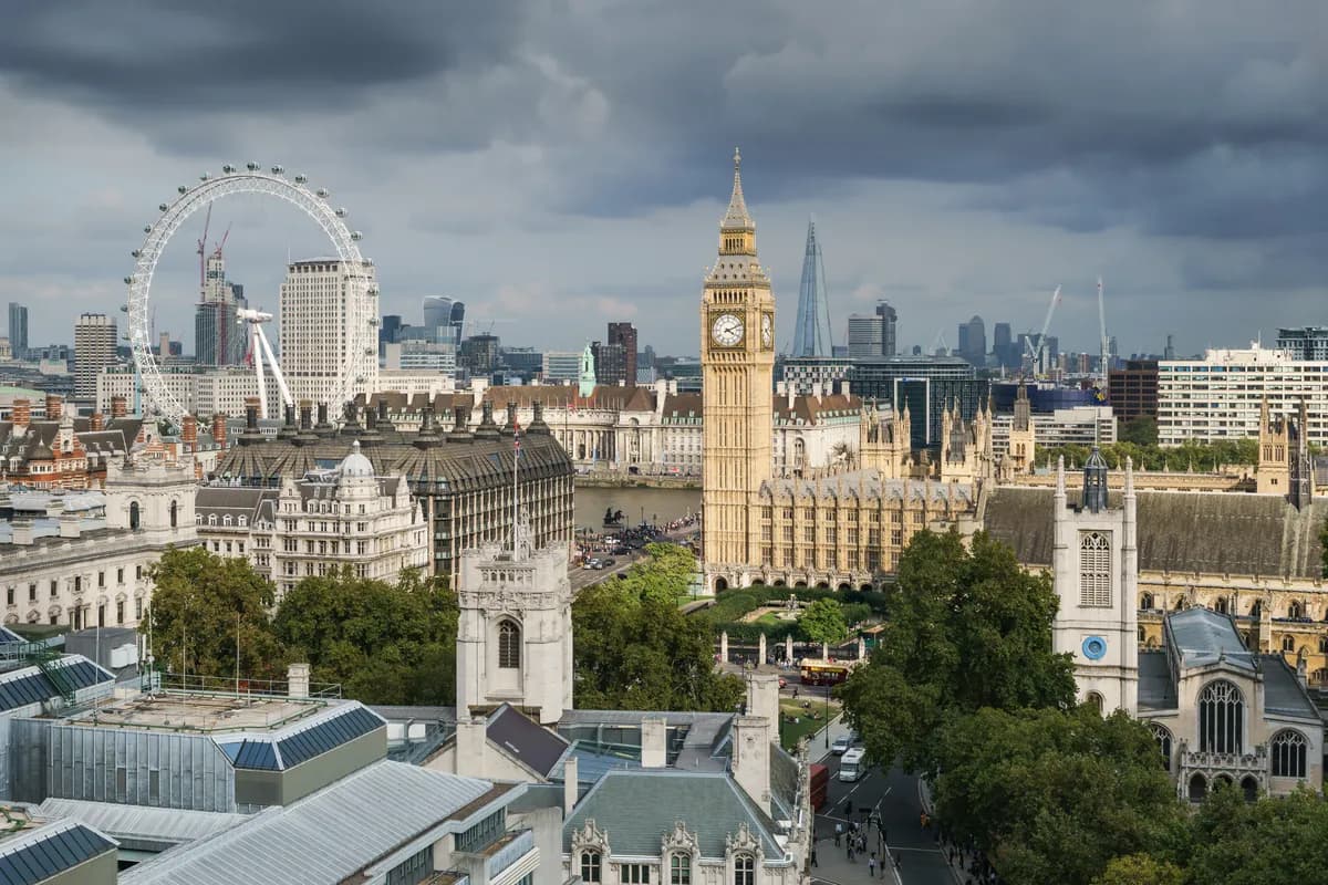 Vue aérienne du palais de Westminster avec la tour Elizabeth et Big Ben, la grande roue London Eye et les tours de la City en arrière-plan sous des nuages gris.