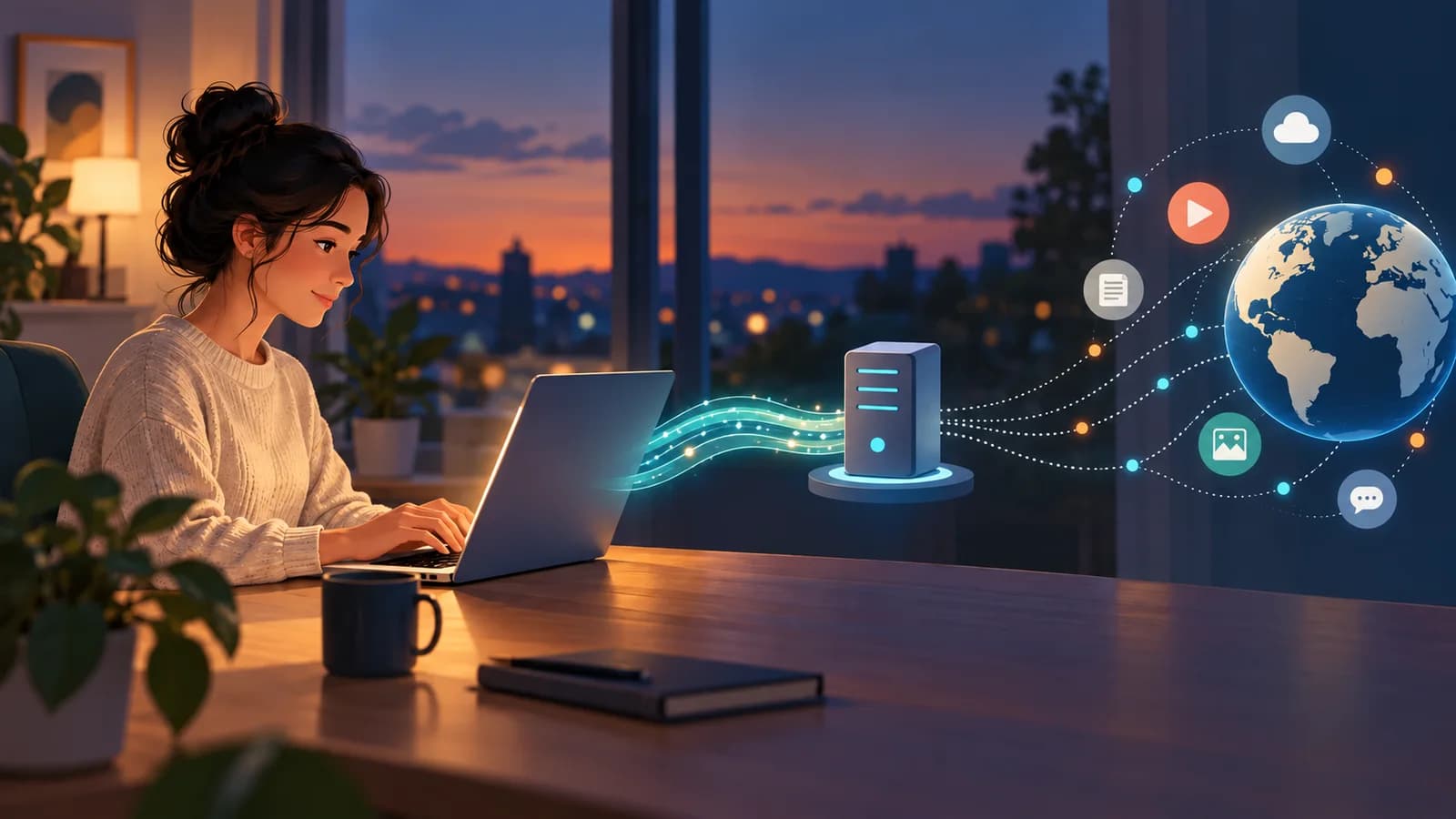 Illustration conceptuelle d’une personne connectée à Internet par un serveur VPN.