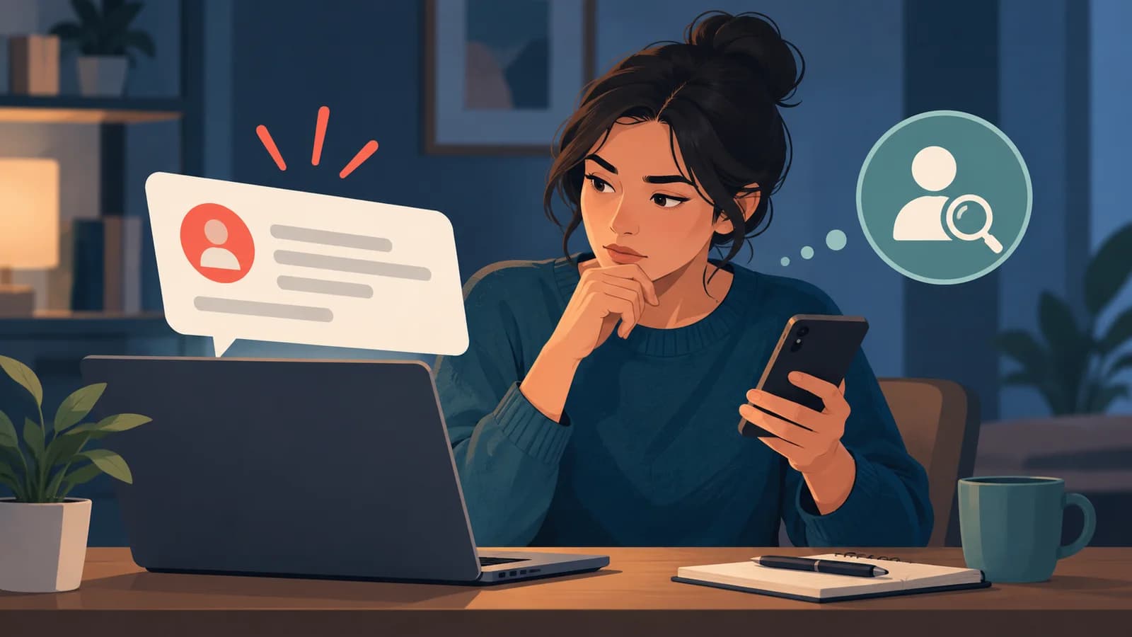 Illustration conceptuelle d’une personne vérifiant un message suspect par un autre canal.
